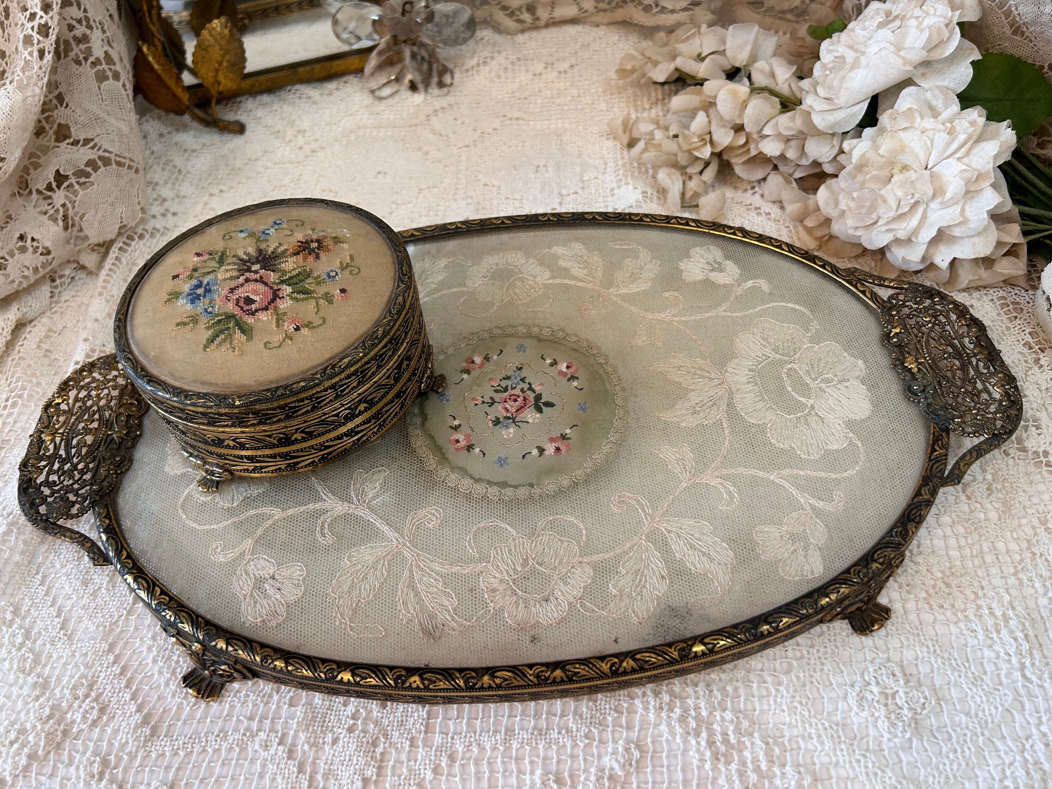 イギリス アンティーク ドレッシング プチポワン 刺繍 ボックス ケース