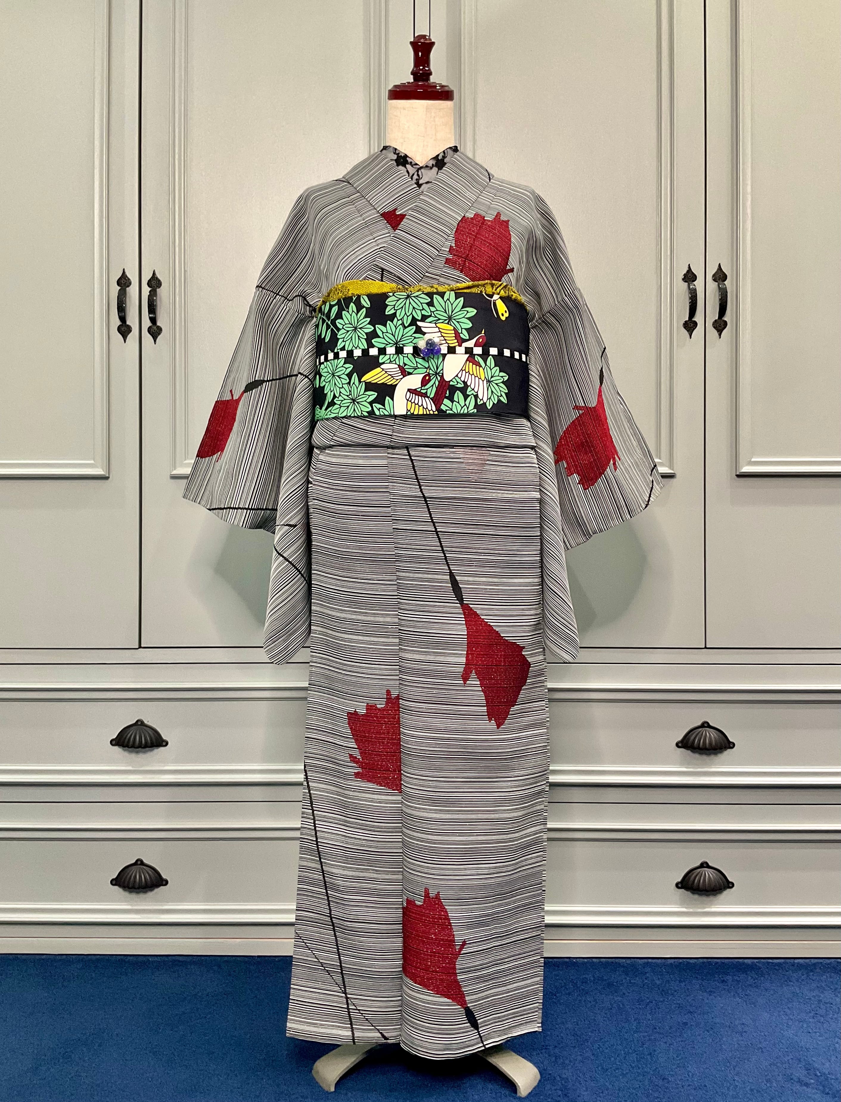 単衣＊border × bloom＊セミアンティークマジョリカお召着物 A264