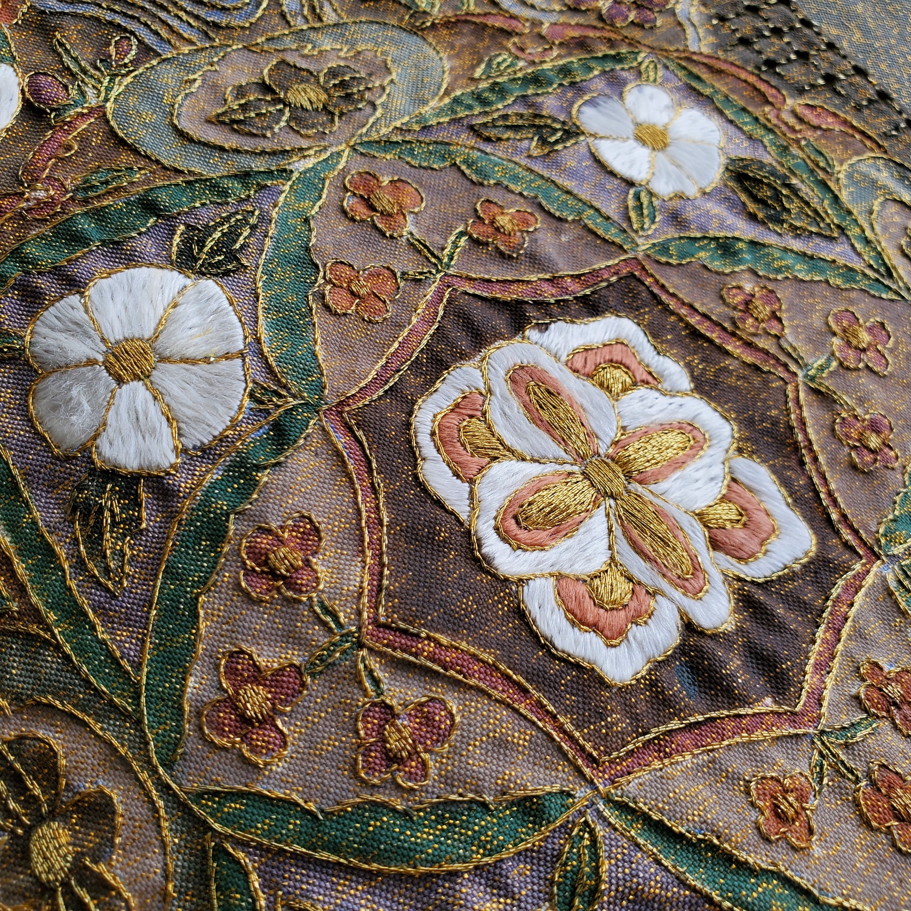 正絹 六通袋帯 汕頭 中国伝統刺繍汕頭刺繍 正倉院華紋 金糸