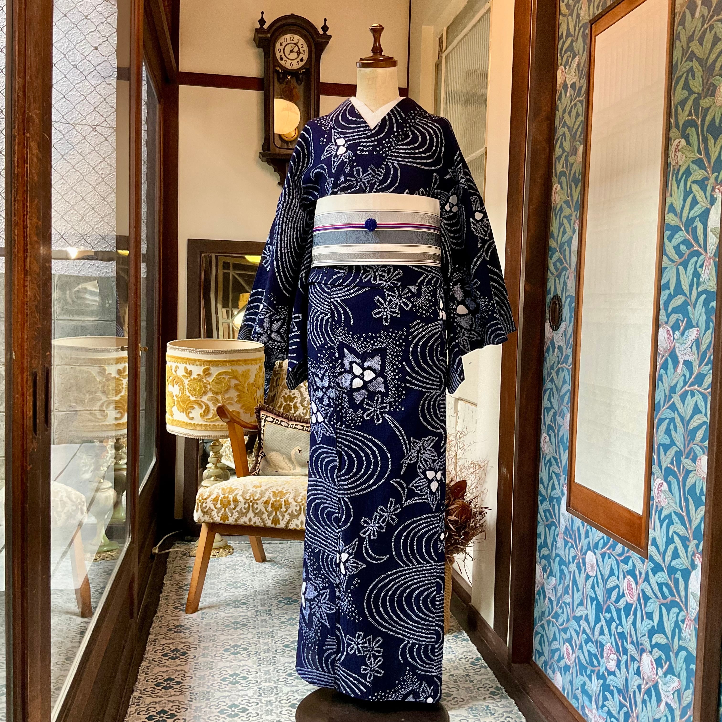 tall＊藍の水面に＊有松鳴海絞り浴衣 流水 定番 ネイビー 濃紺 A742