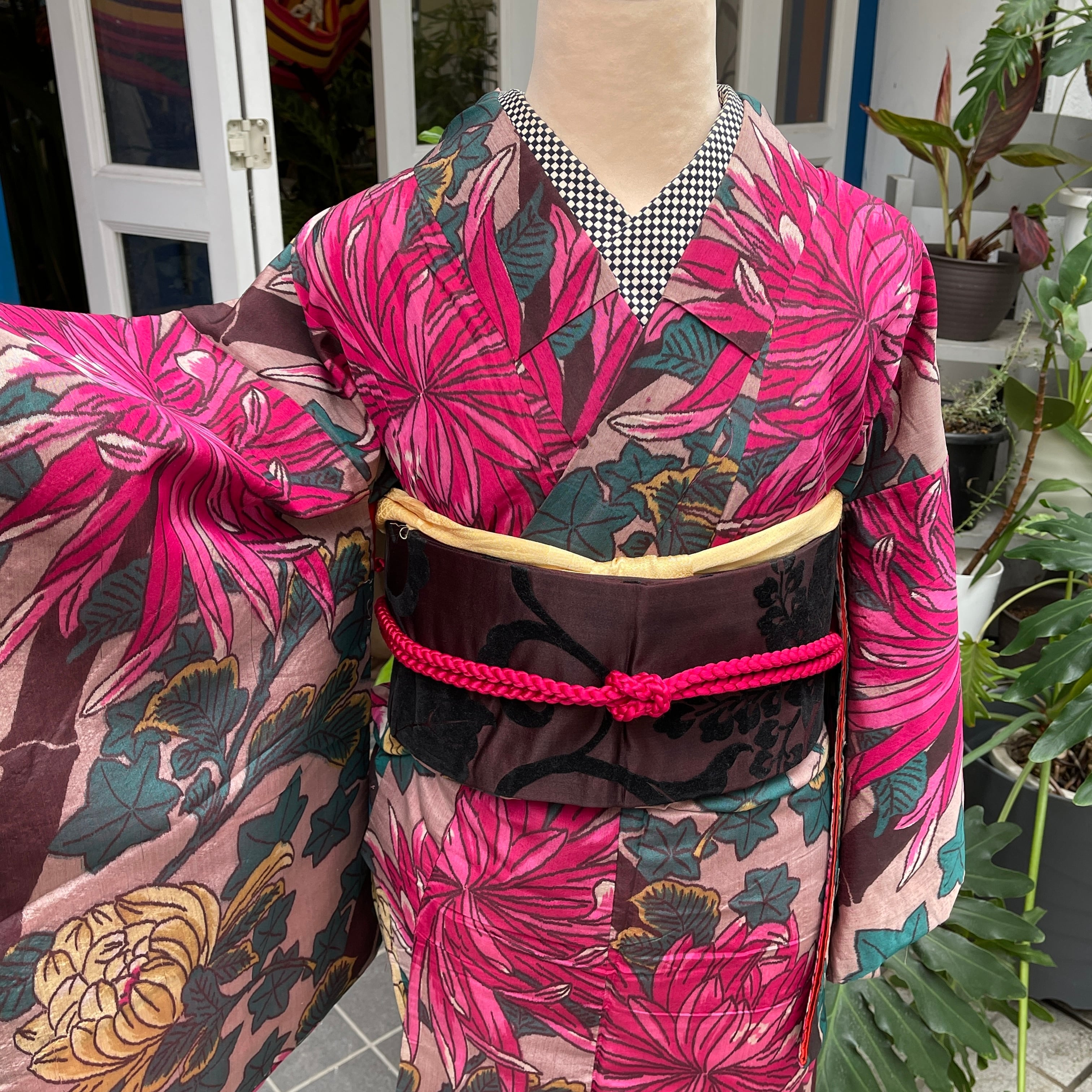 アンティーク着物 茶系 あずき 大輪の菊 大正ロマン カジュアル