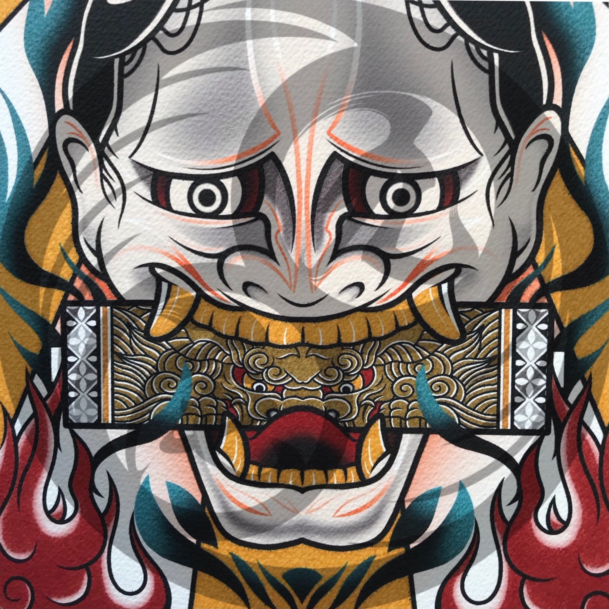 尾九 画 魔除け 般若面 色即是空 A4サイズ フレーム付き | bbqcomic