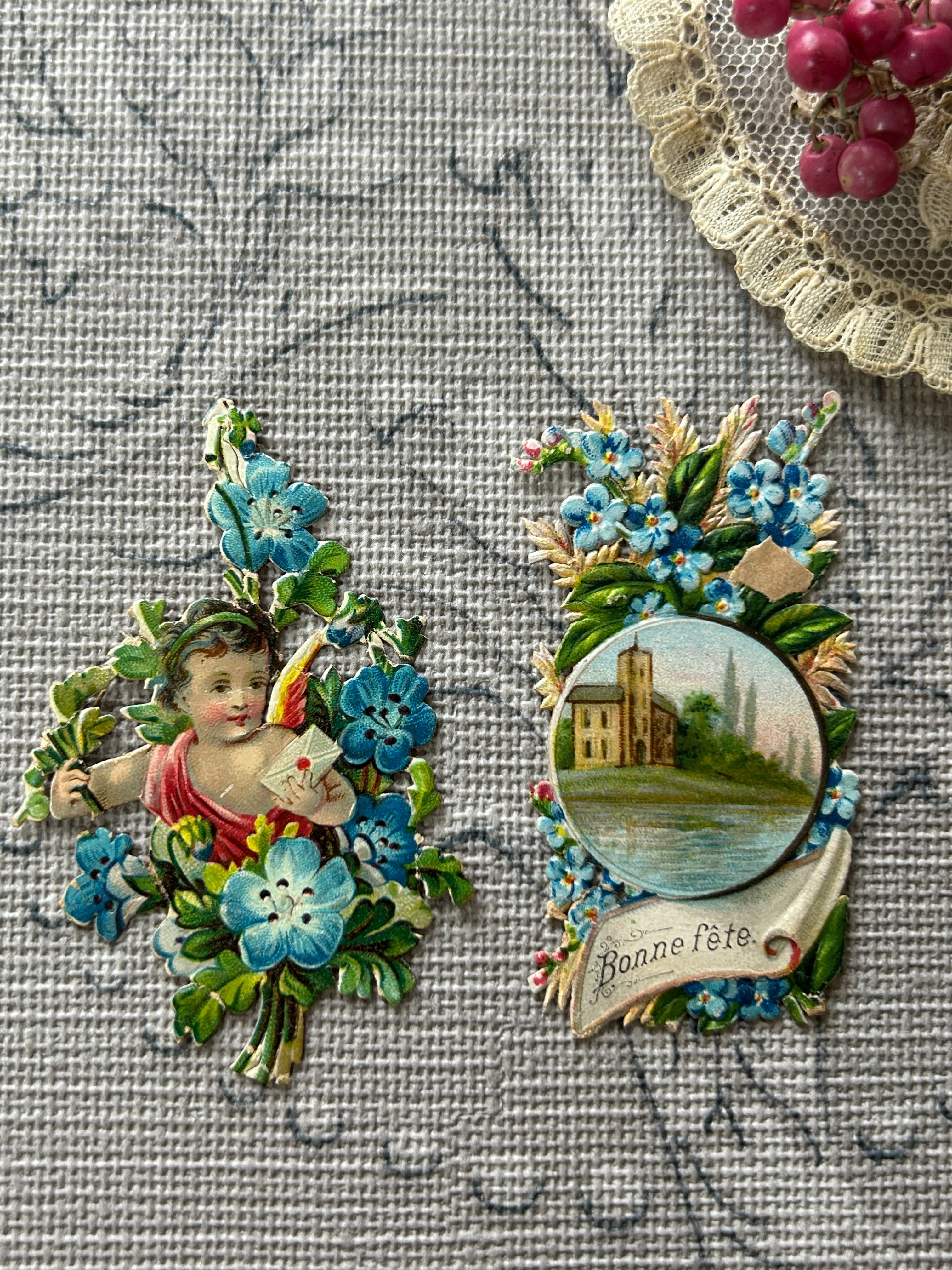 アンティーク クロモス 4点セット 勿忘草 Rose ハンド ヴィクトリアン