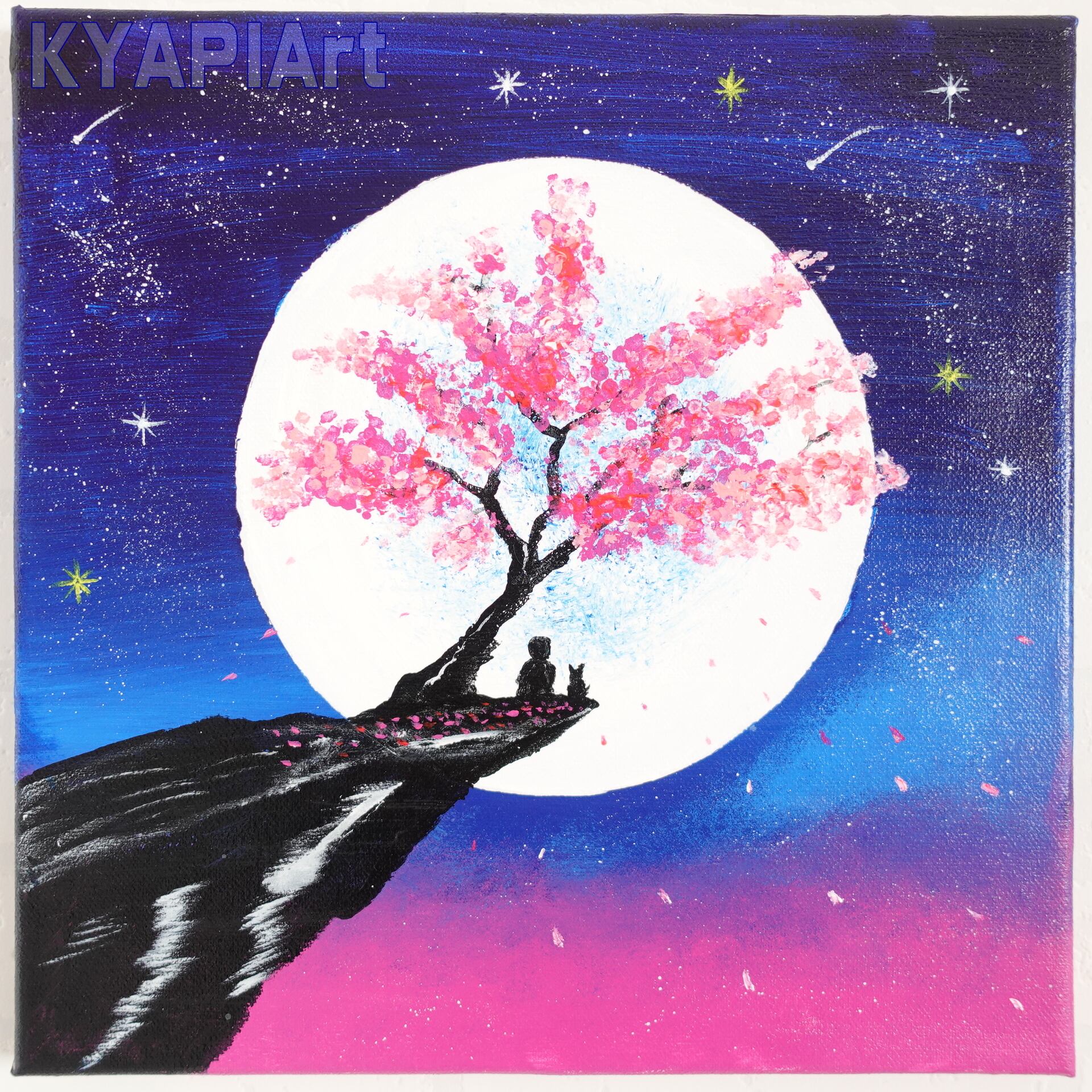 桜と月を見上げる少年と犬【アクリル画】原画・イラスト 30×30センチ