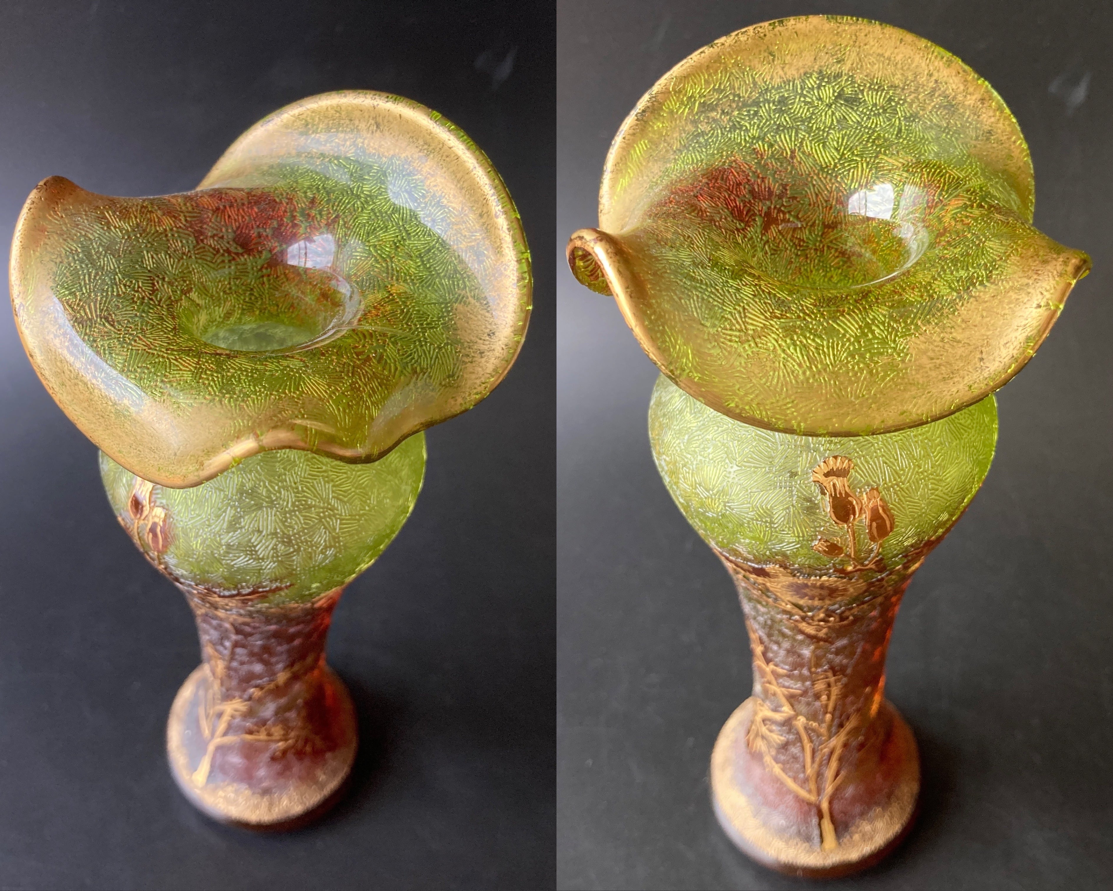 オールド バカラ アールヌーボー様式 緑赤硝子 金彩 薊文花器 花瓶 飾