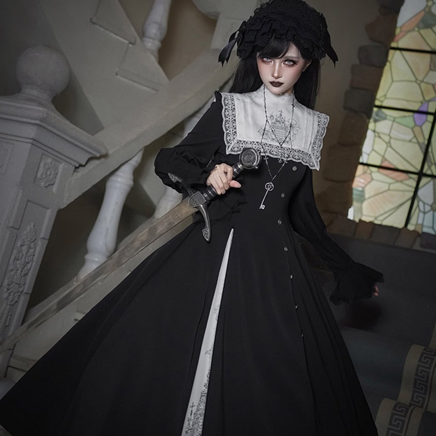 ゴスロリ ワンピース 黒 白 付け襟 ロングドレス 鍵チャーム 4点