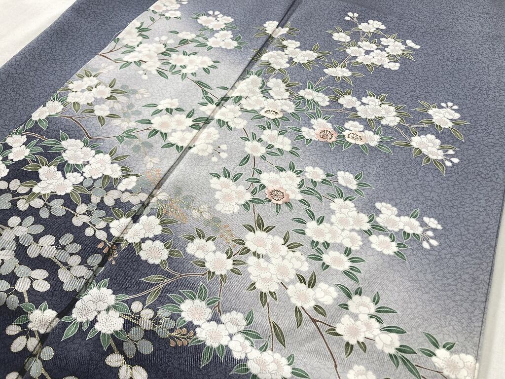 未使用 京友禅 刺繍 桜 金彩 訪問着 正絹 青 ブルー グレー 白 1131
