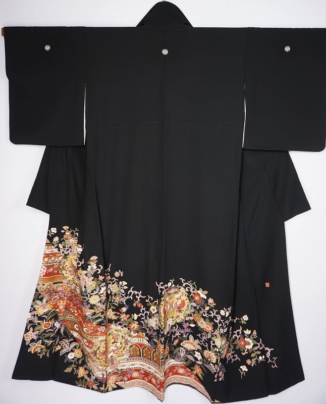 作家物 金駒刺繍 金彩友禅 黒留袖 比翼仕立て 正絹 五つ紋 唐花 黒 364