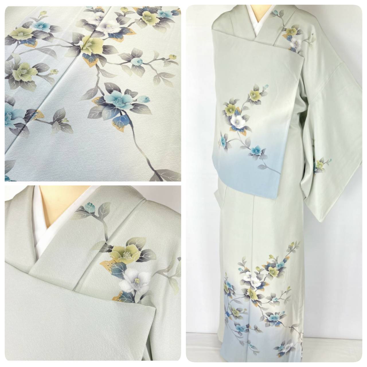 単衣】手描き友禅 訪問着 椿 花柄 正絹 黄緑 水色 1190 | kimono Re:和