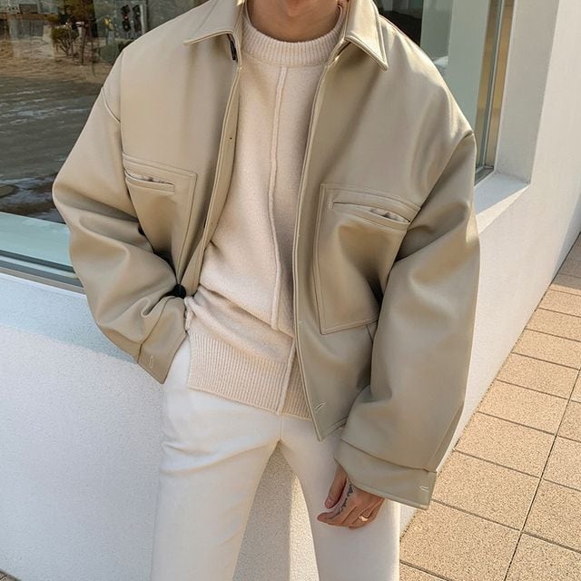 予約販売】レザージャケット 革ジャン メンズ 無地 シック ルーズ