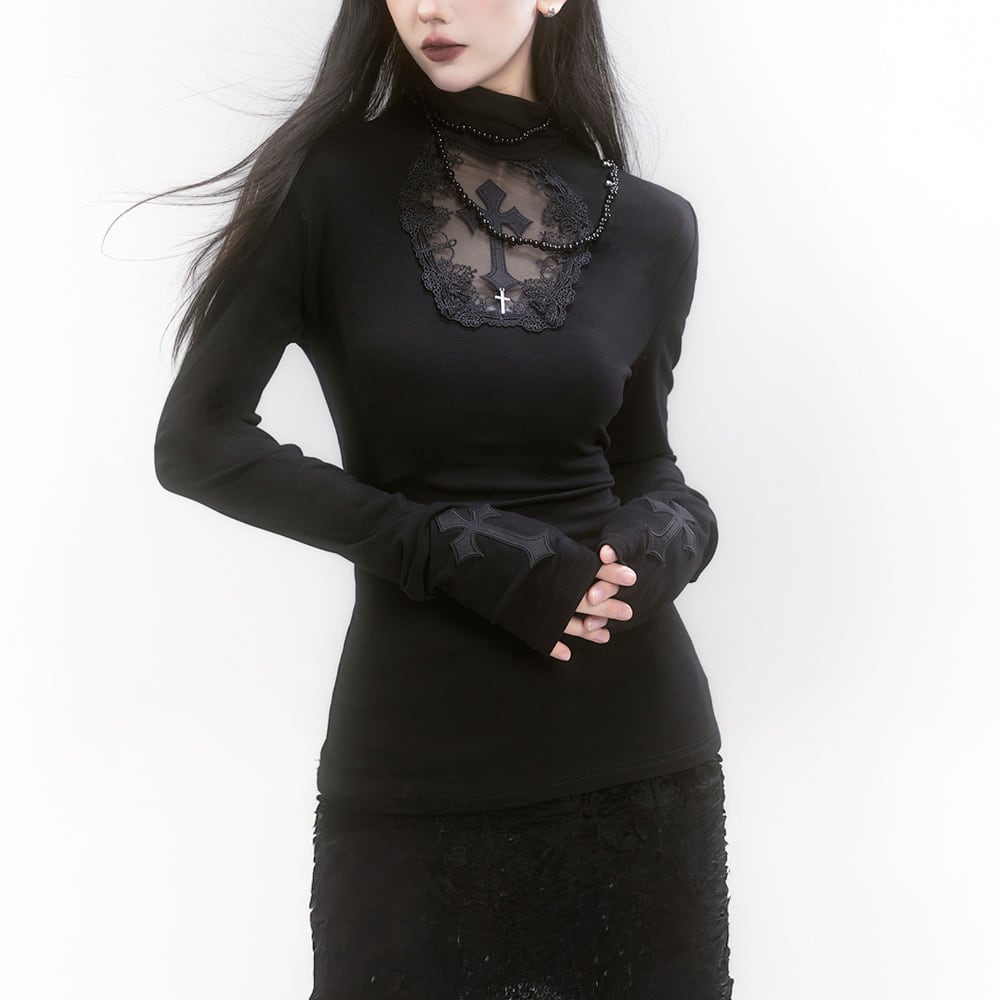 Myurina 十字架シースルー長袖Tシャツ y2k ダークコケット ロンT ピチ