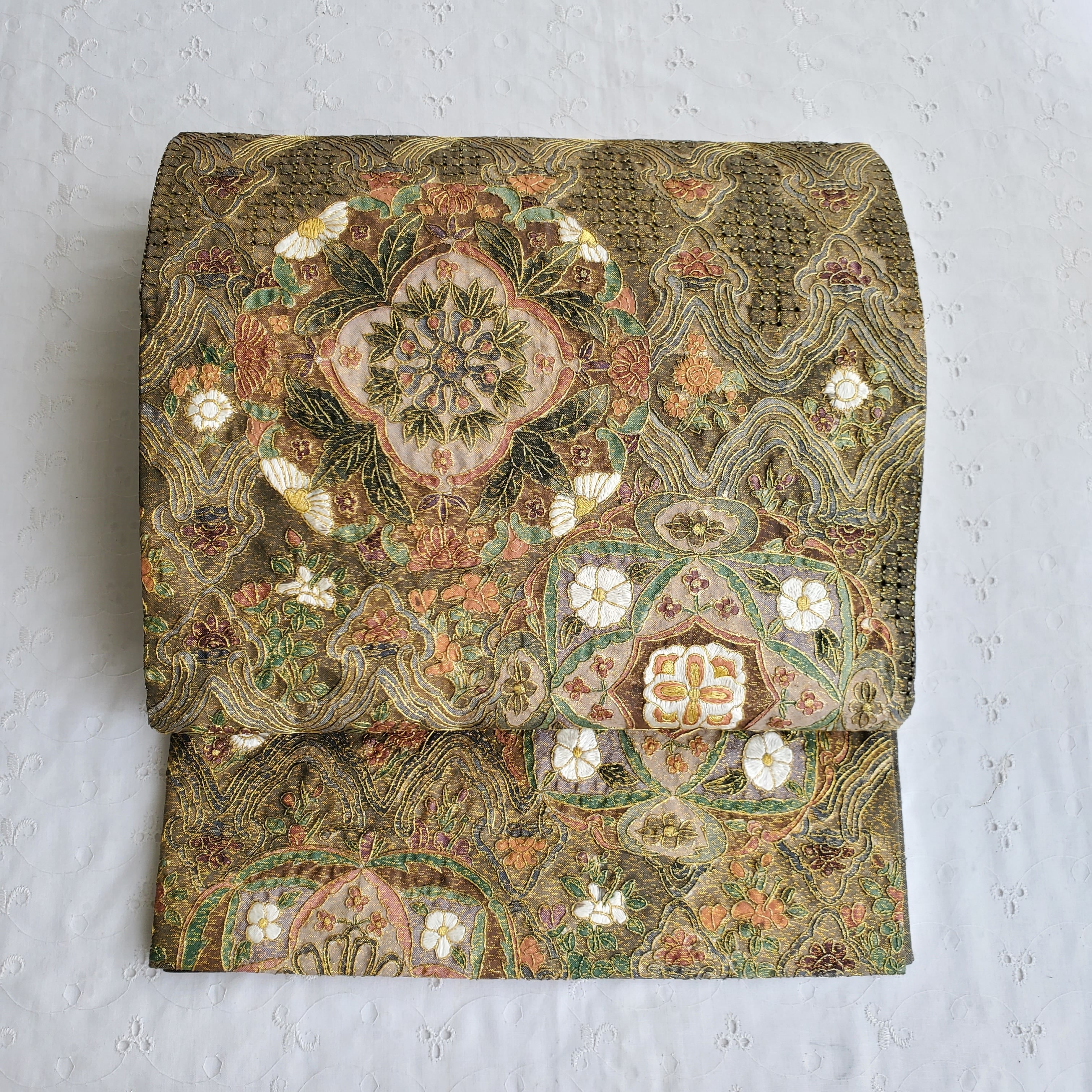 正絹 六通袋帯 汕頭 中国伝統刺繍汕頭刺繍 正倉院華紋 金糸