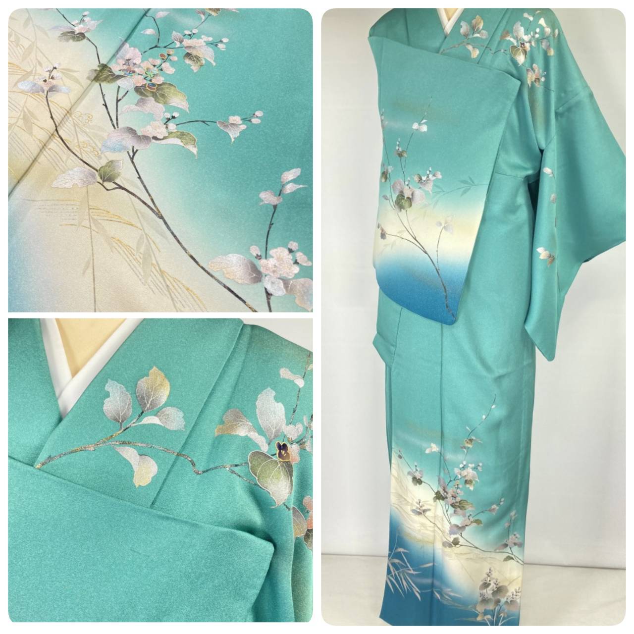 単衣】 螺鈿 金彩友禅 さが美謹製 花柄 訪問着 正絹 青緑 エメラルド