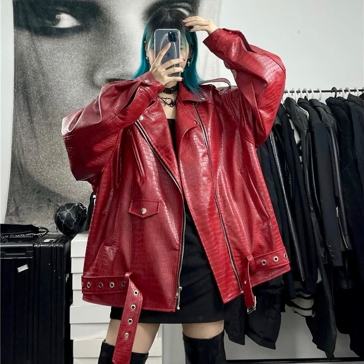 レザー ライダース ジャケット バイカー 赤 レッド 韓国 ストリート