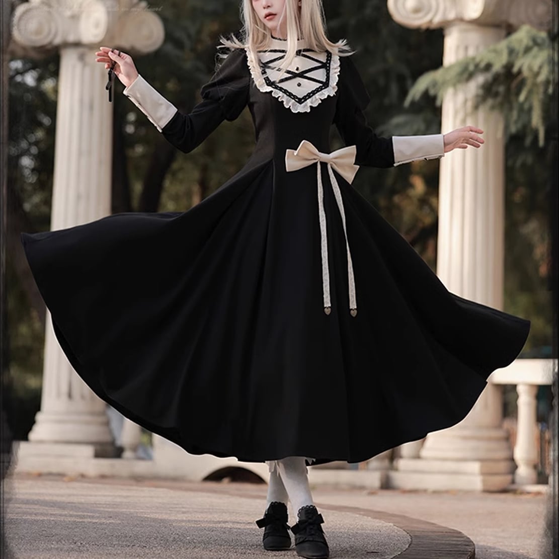 レディース 長袖 ロングワンピース フリル ゴシック ロリータ S M L