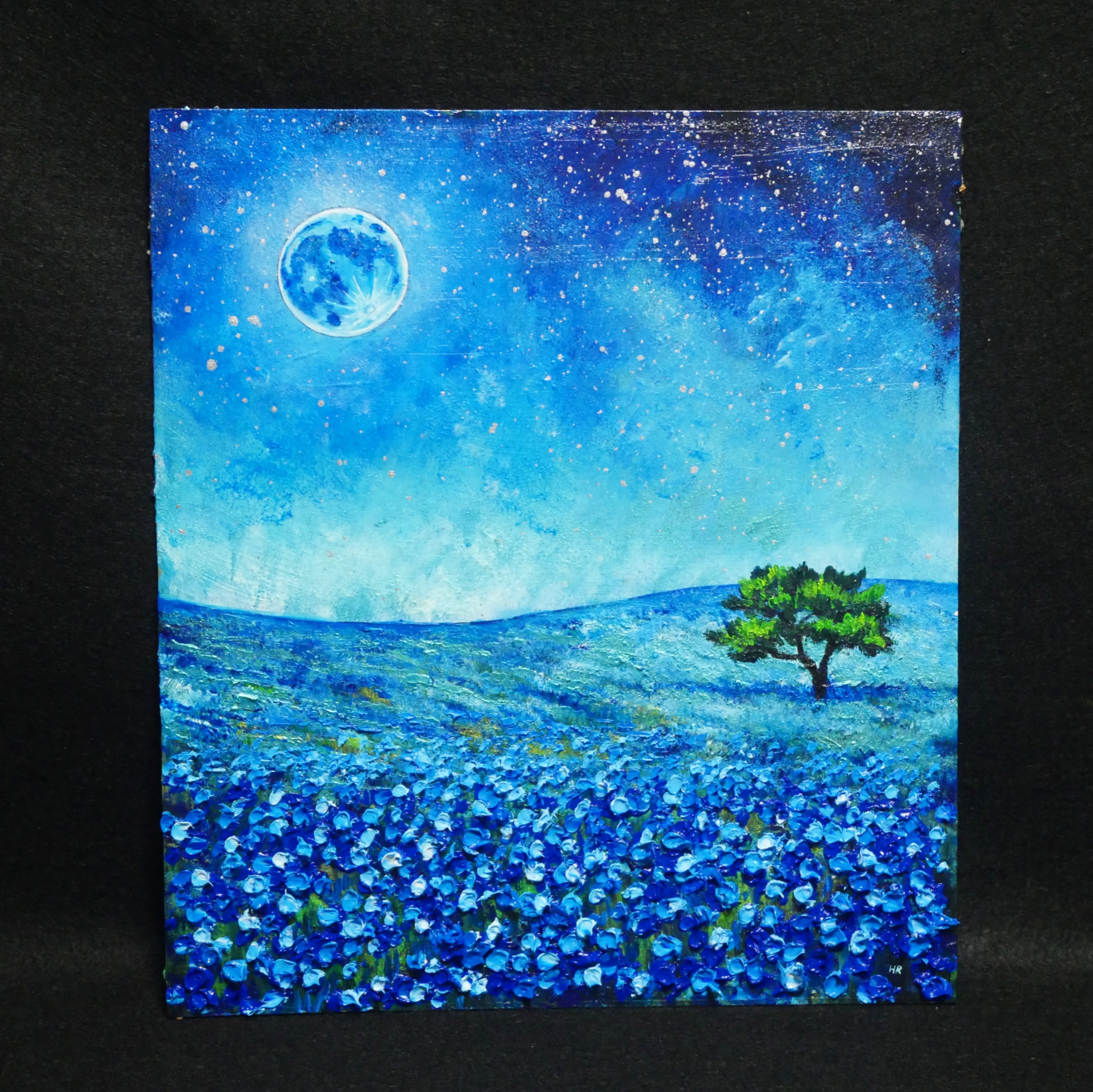 油絵 油彩 油彩画 絵 絵画 【ネモフィラと青い満月と星空】 | HIROSHI1990
