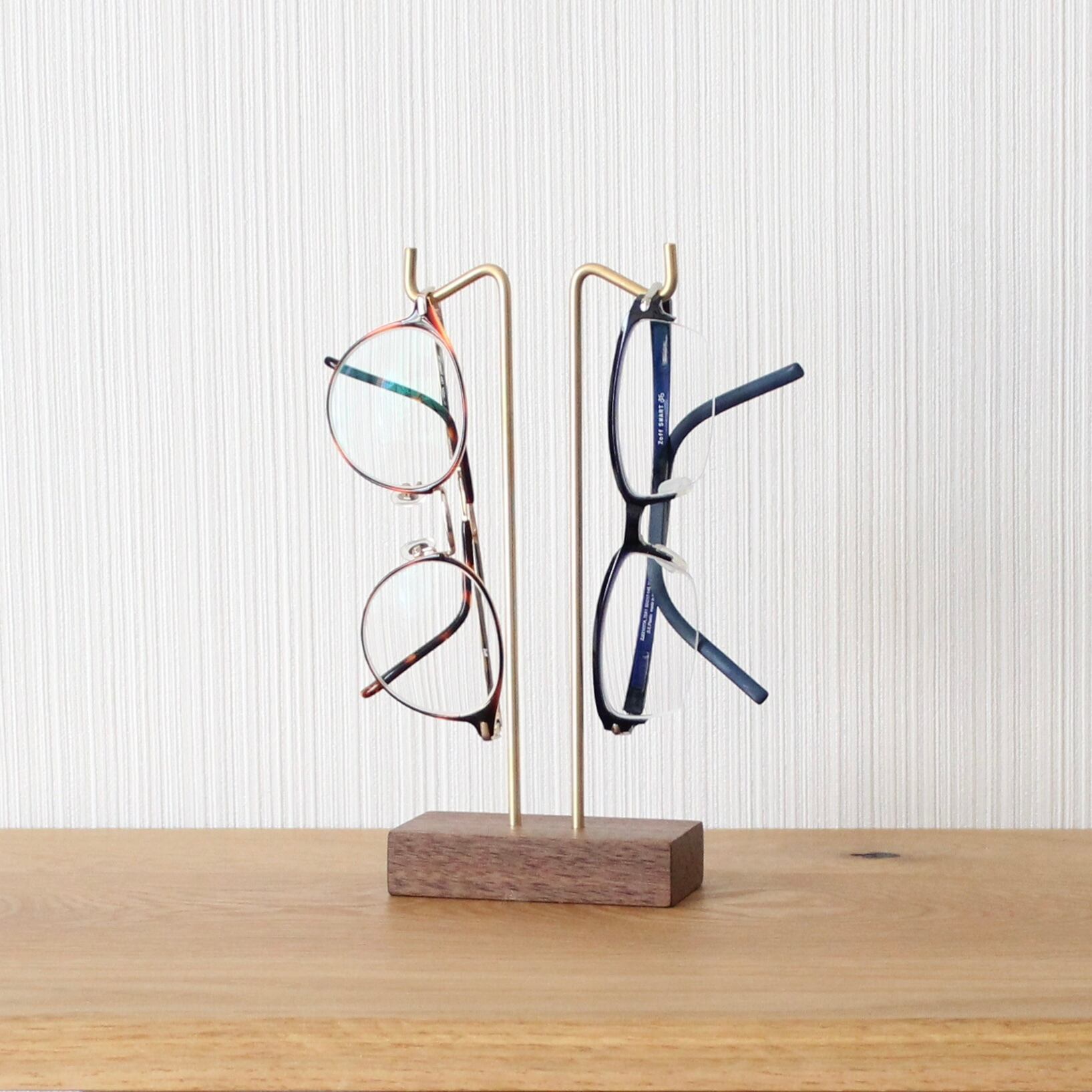 メガネスタンド ウォールナット×真鍮 木製 2本掛け メガネ立て キー