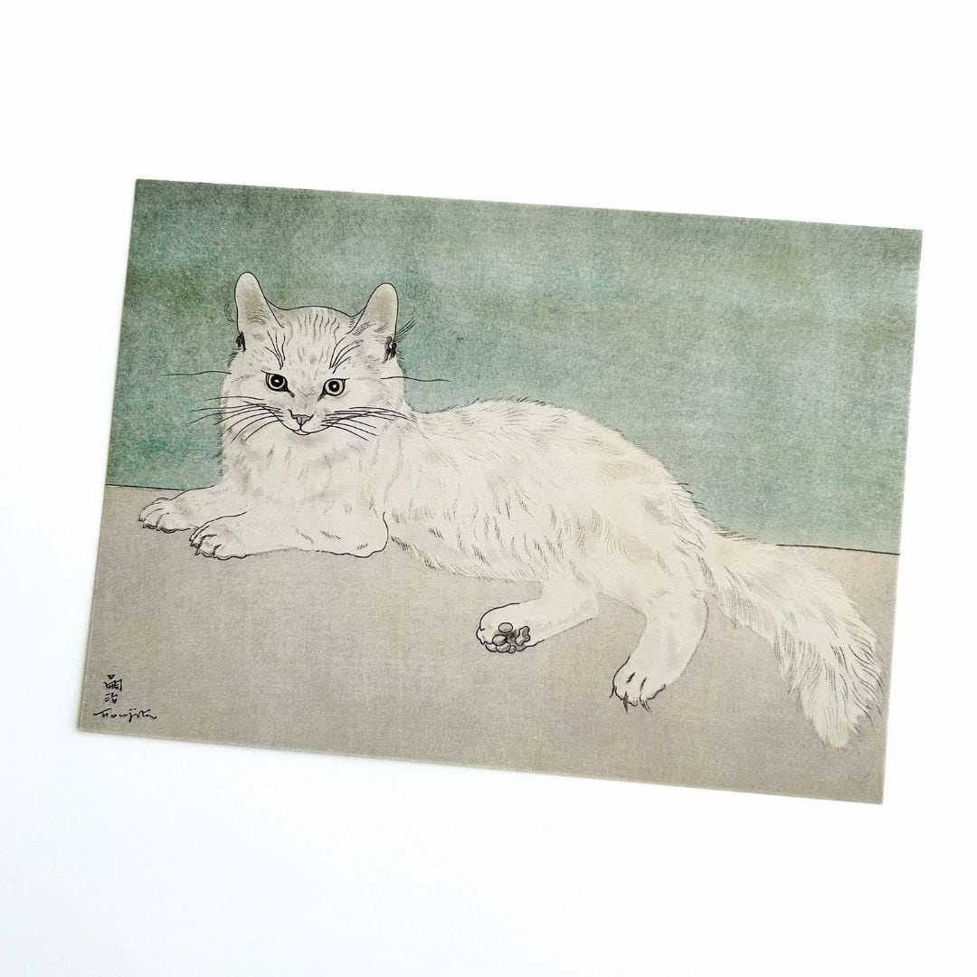 F6号】藤田嗣治（仕立て屋の猫）手描き/表裏サイン有/油彩/裏シール