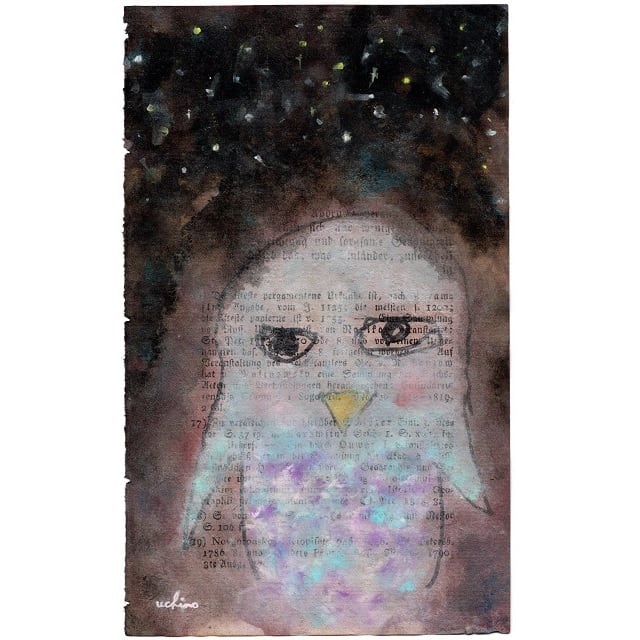 フクロウ」 古い紙にアクリル ・ペン* 現代アート作品 イラスト