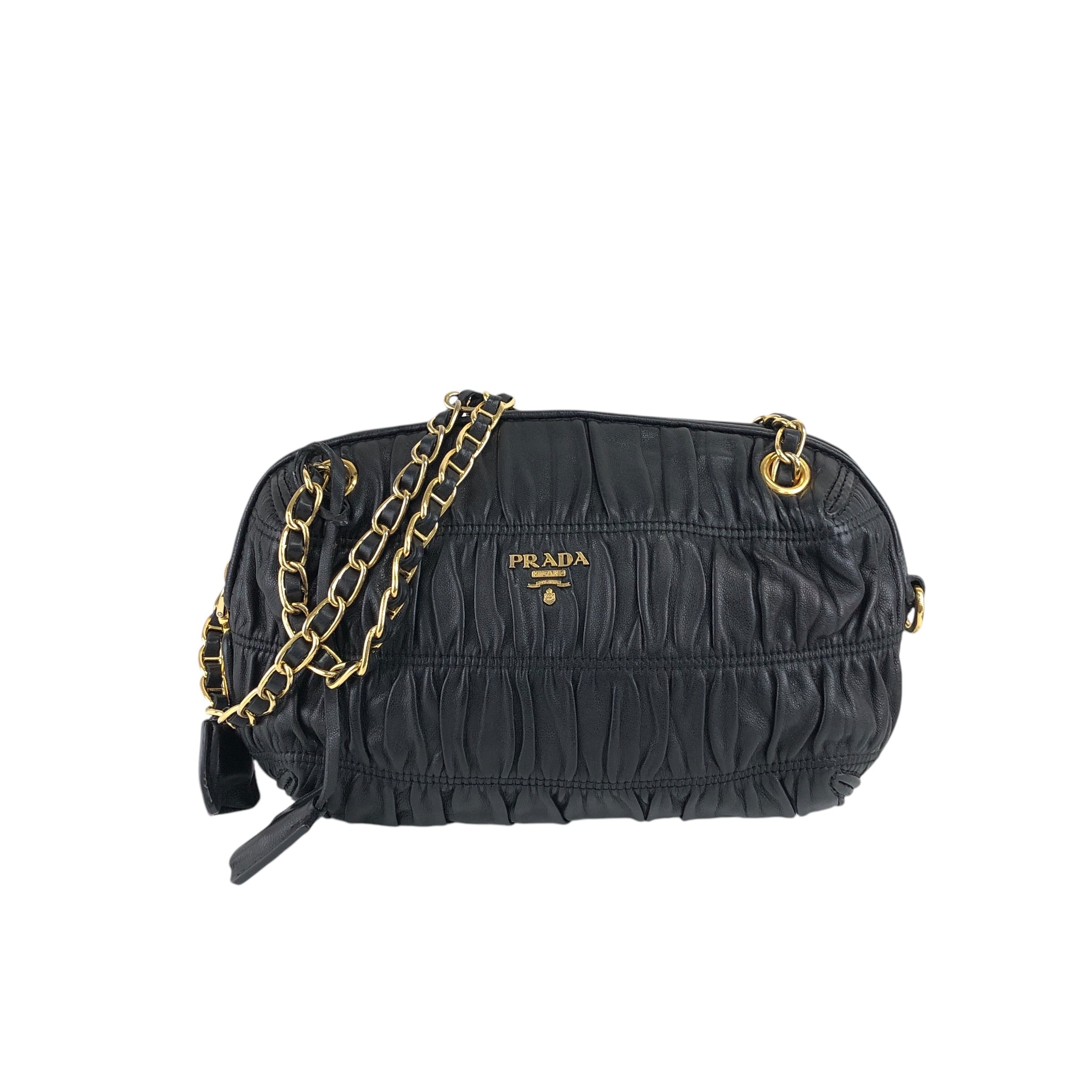 PRADA プラダ ショルダーバッグ ブラック ロゴ ギャザー レザー