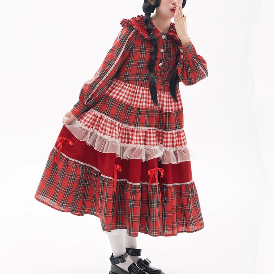 レディース ロリータ レトロ チェック柄 フリル ビッグカラー リボン