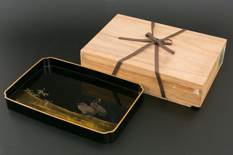 黒塗 金蒔絵 鶴蒔絵 ツル 角盆 お盆 広蓋 香盆としても 梨子地 輪島塗