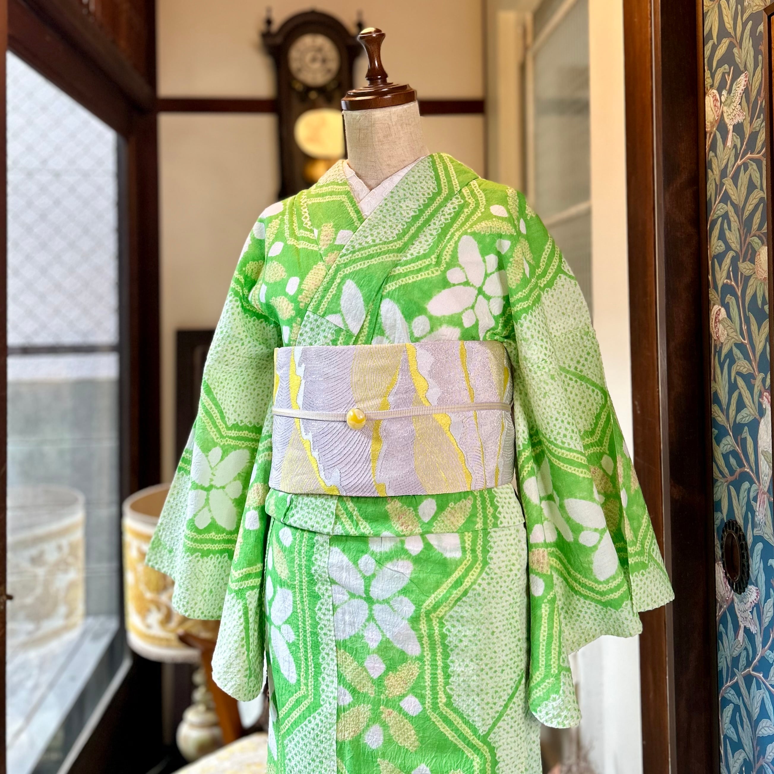 long＊apple green＊有松鳴海絞り浴衣 グリーン 花 爽やか A726