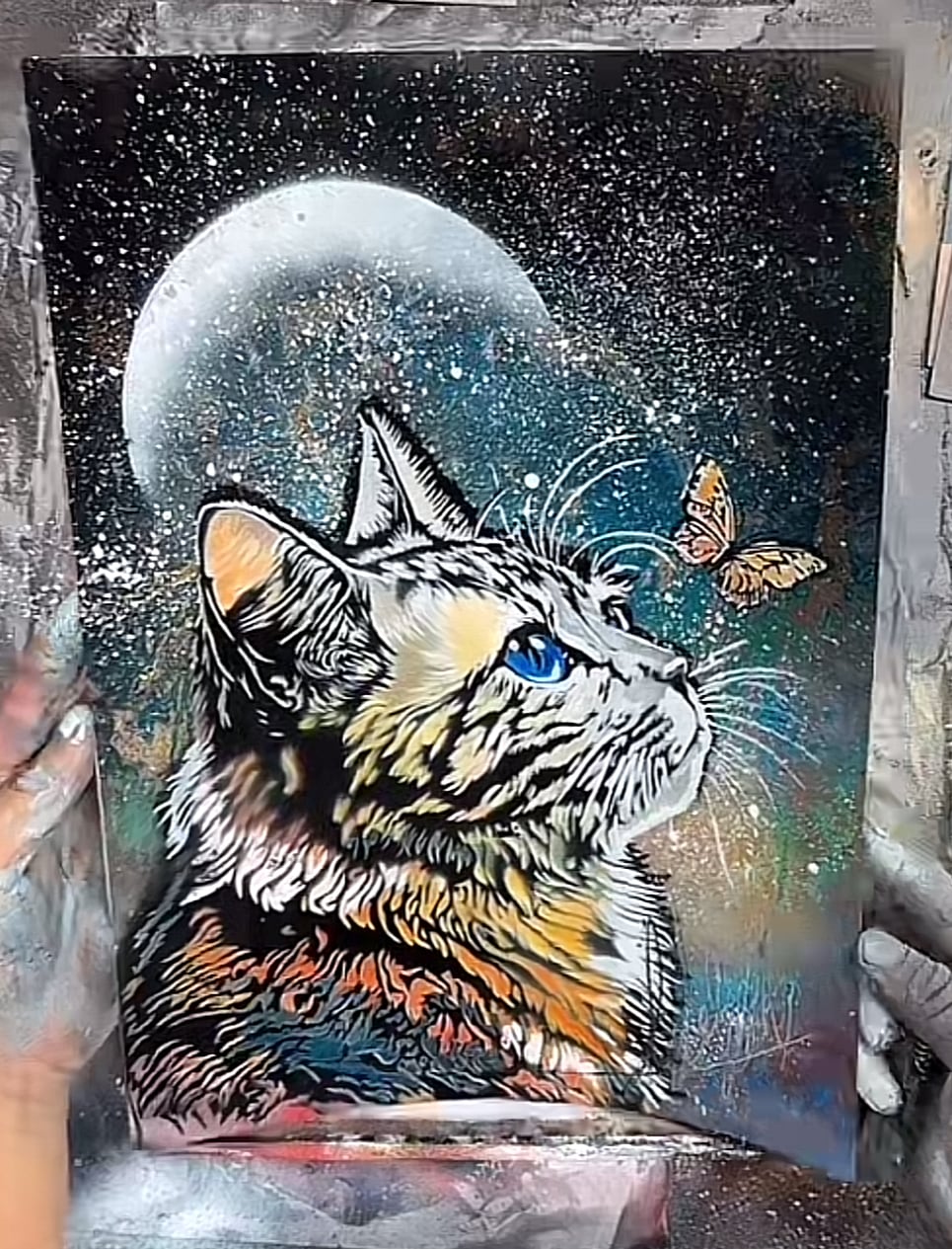 スプレーアートエデン、紙原画ネコ ミラー 大(白)】20446B. ムラサキ猫