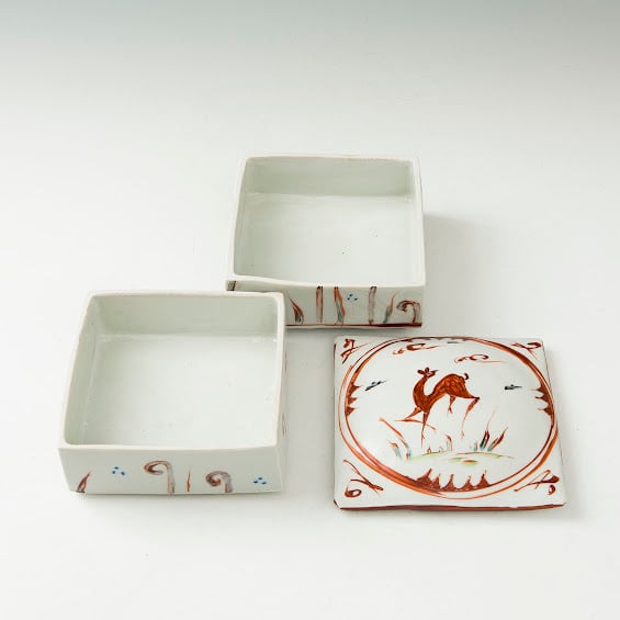 赤絵鹿文 二重蓋物 坪島土平 坪島圡平 廣永窯 川喜田半泥子に師事 日本