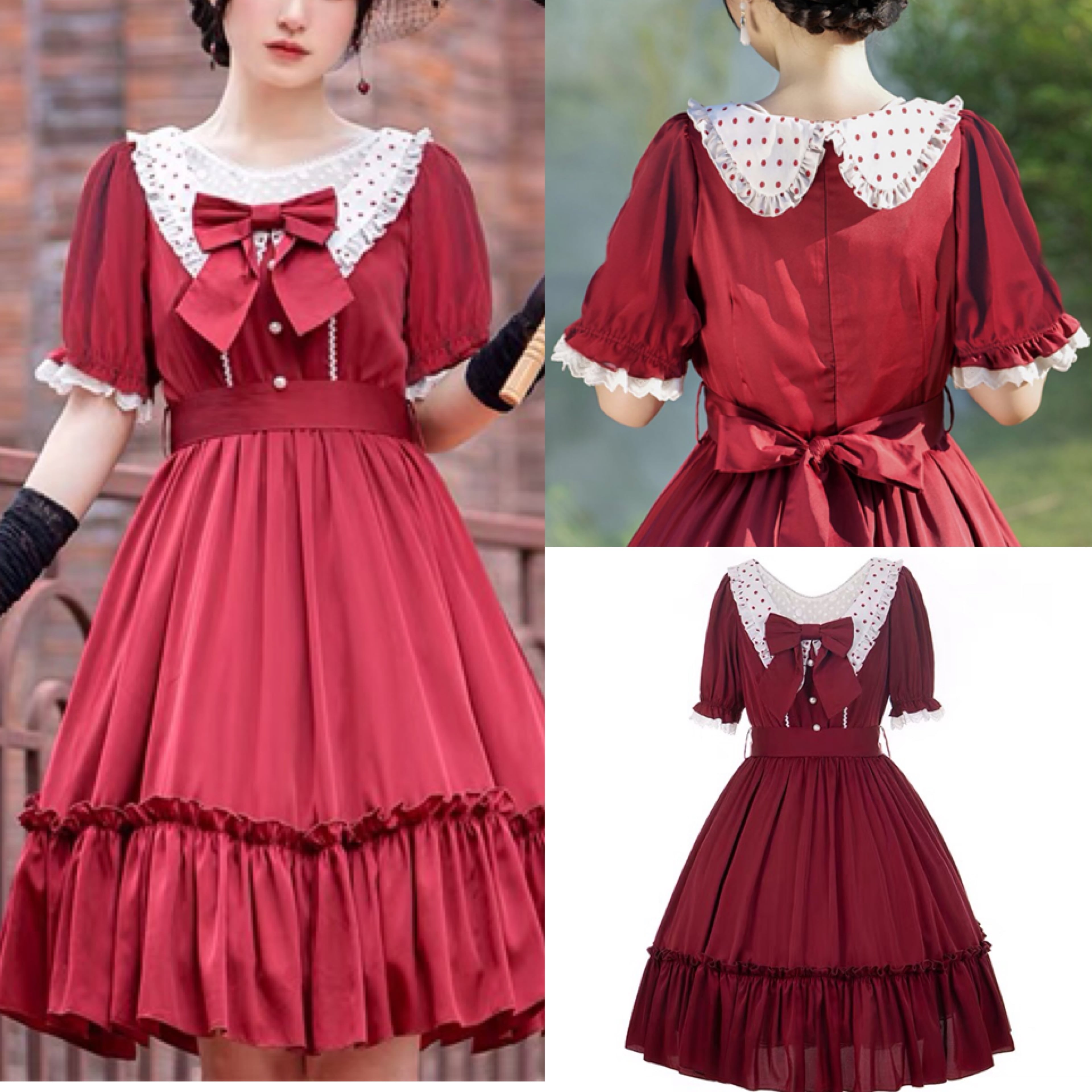 赤 ドレス ガーリー ロリータ ワンピース リボン 襟 衣装 姫 レッド