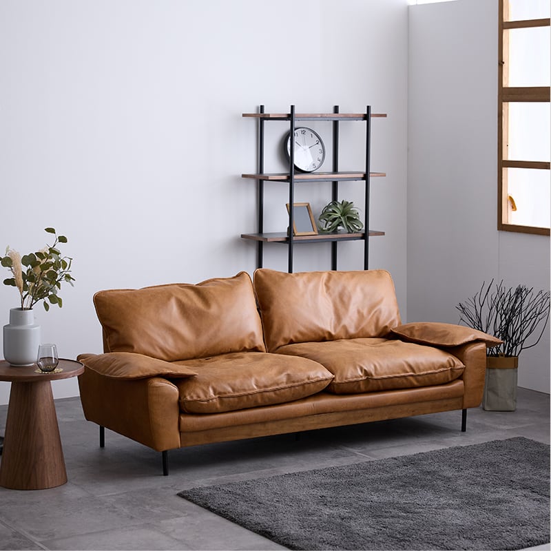 3人掛け ソファ ファブリックレザー キャメル ブラウン ヴィンテージ調