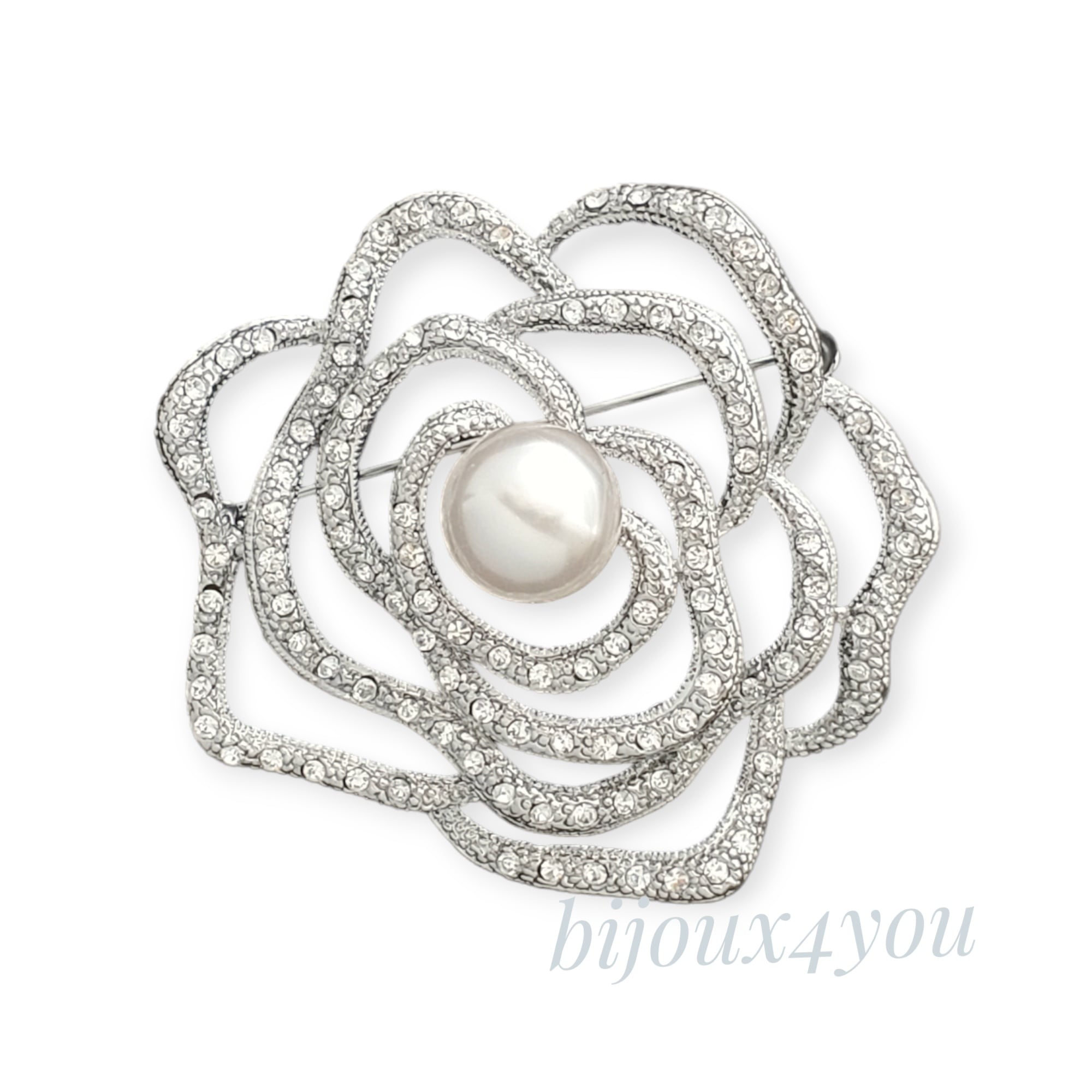 立体フラワー パールブローチ｜ラインストーン 花モチーフ シルバー