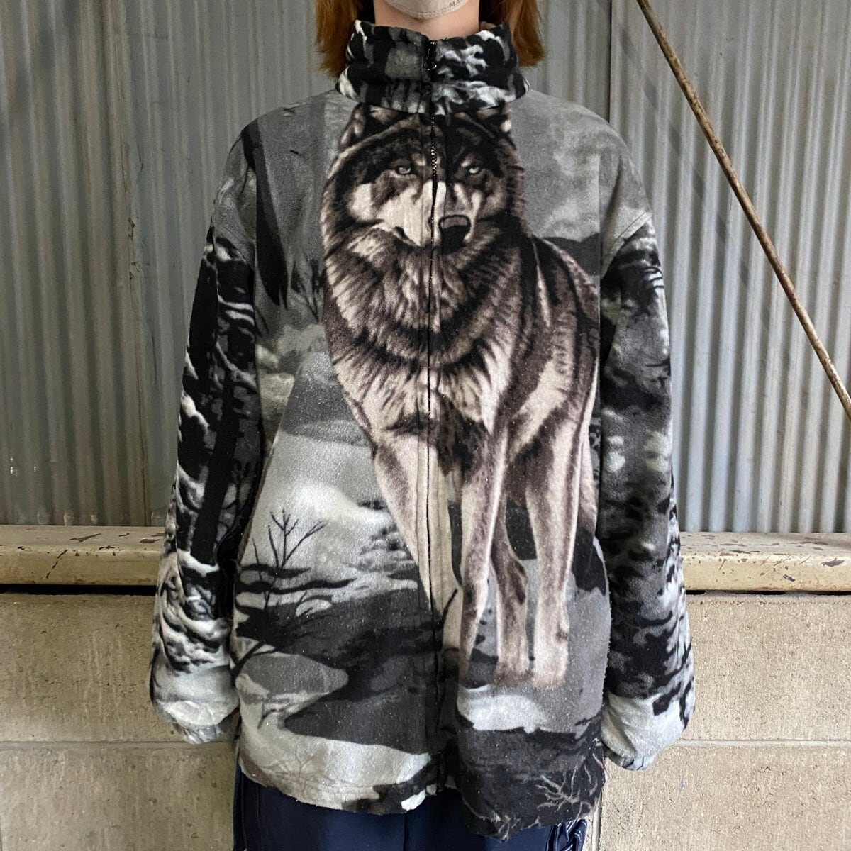 TRAIL CREST 狼 アニマル フリースジャケット メンズM 古着 総柄 両面