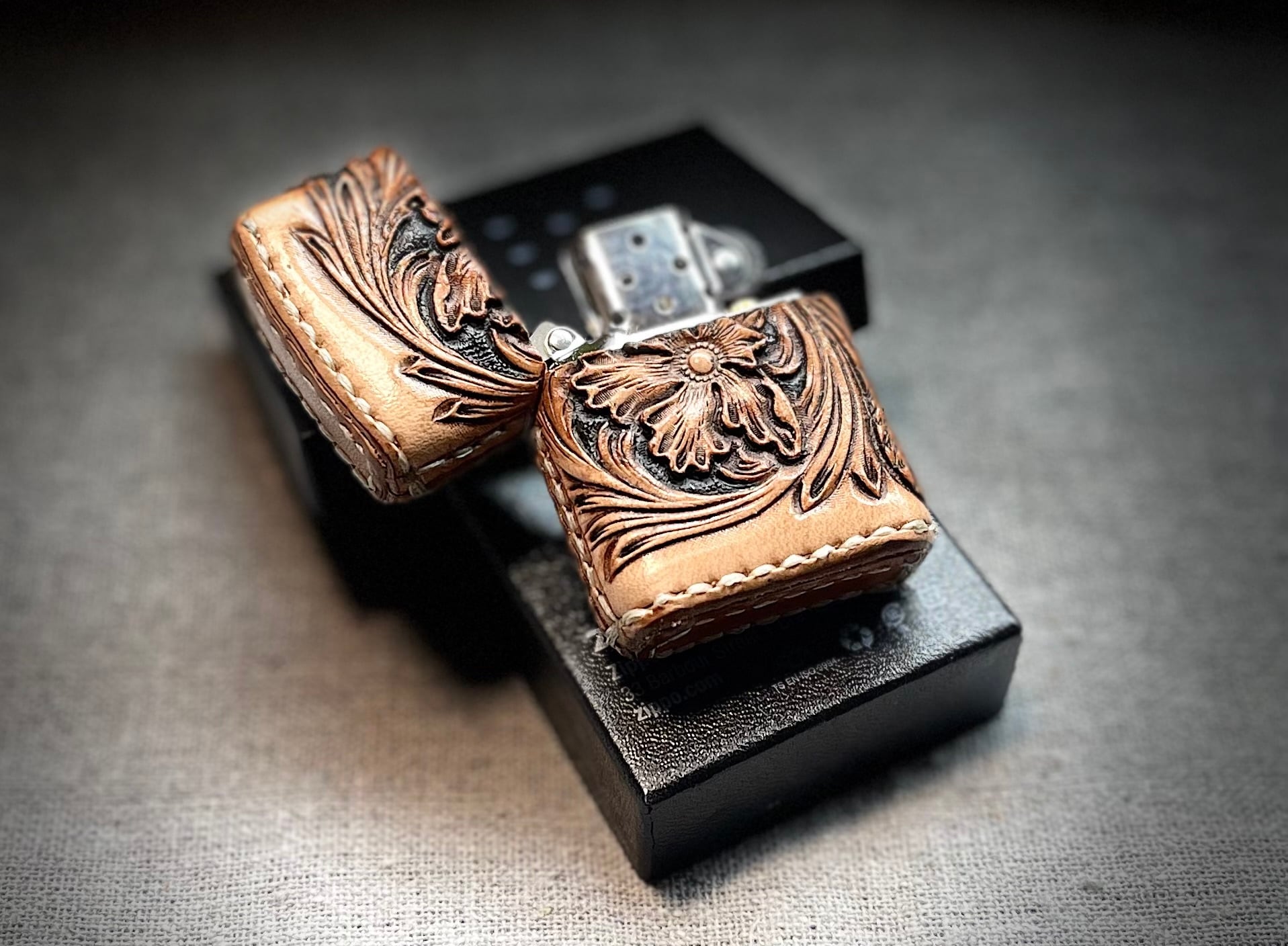 カービング 革巻きzippo ナチュラル／フラワー | Fives leather