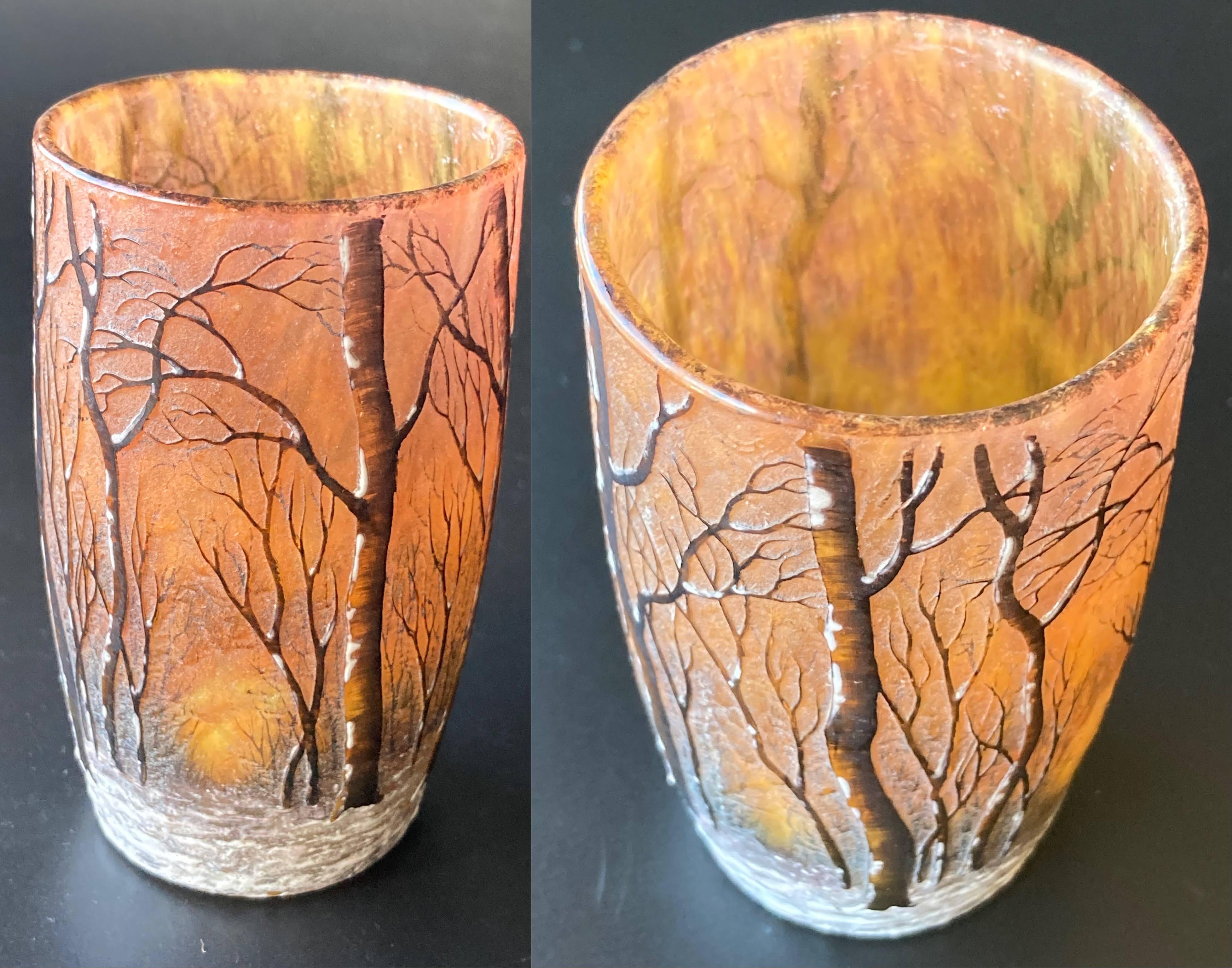 ドーム・ナンシー 冬 雪景色 雪林風景 花瓶 被せガラス エナメル 酸化