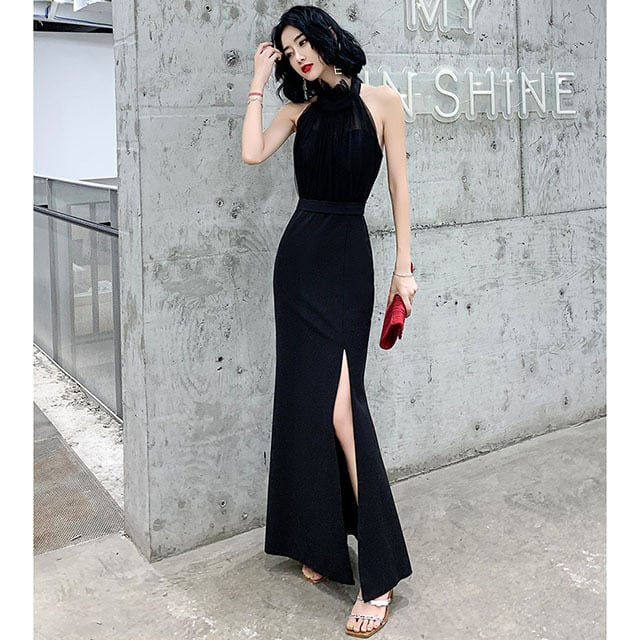 エレガントドレス スリッド ノースリーブ ハイネック ロング ブラック