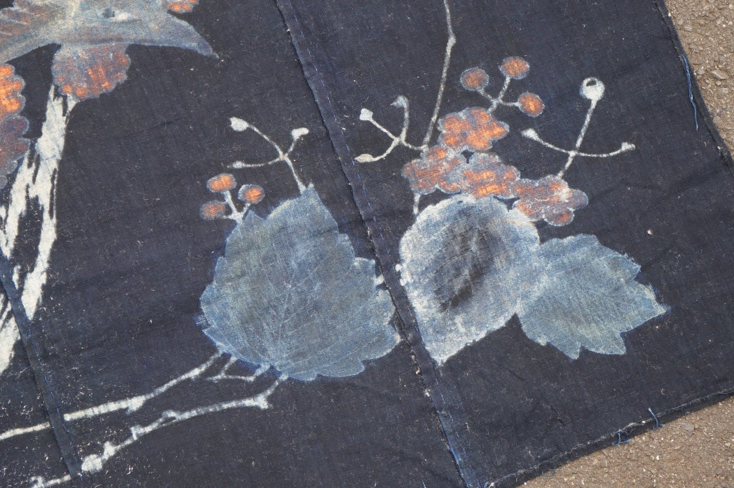 1871 筒描き 4幅 鳳凰 藍染 木綿 古布 明治〜大正 アンティーク