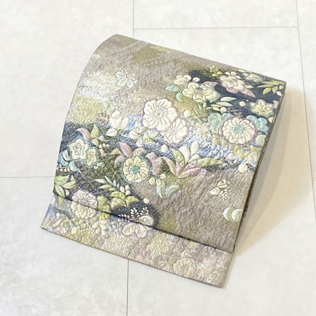 未使用 辻が花 纐纈 膨れ織り 銀糸 袋帯 正絹 青 黄緑 紫 シルバー 606