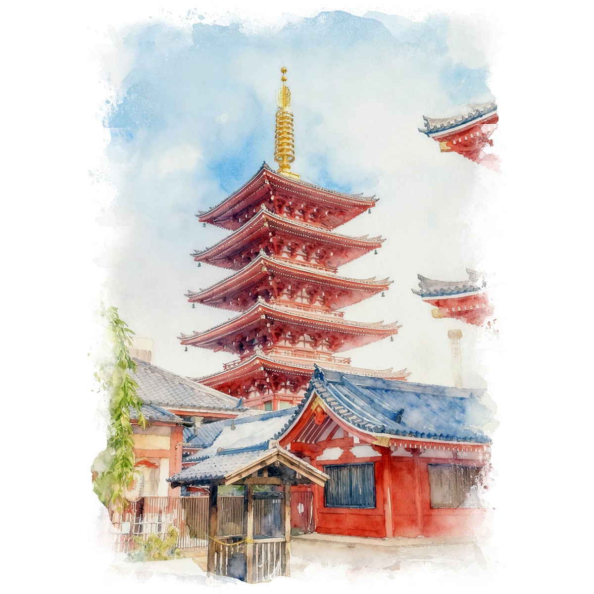 絵画(風景画) 日本 東京都 浅草寺五重塔 インテリアアート額付き