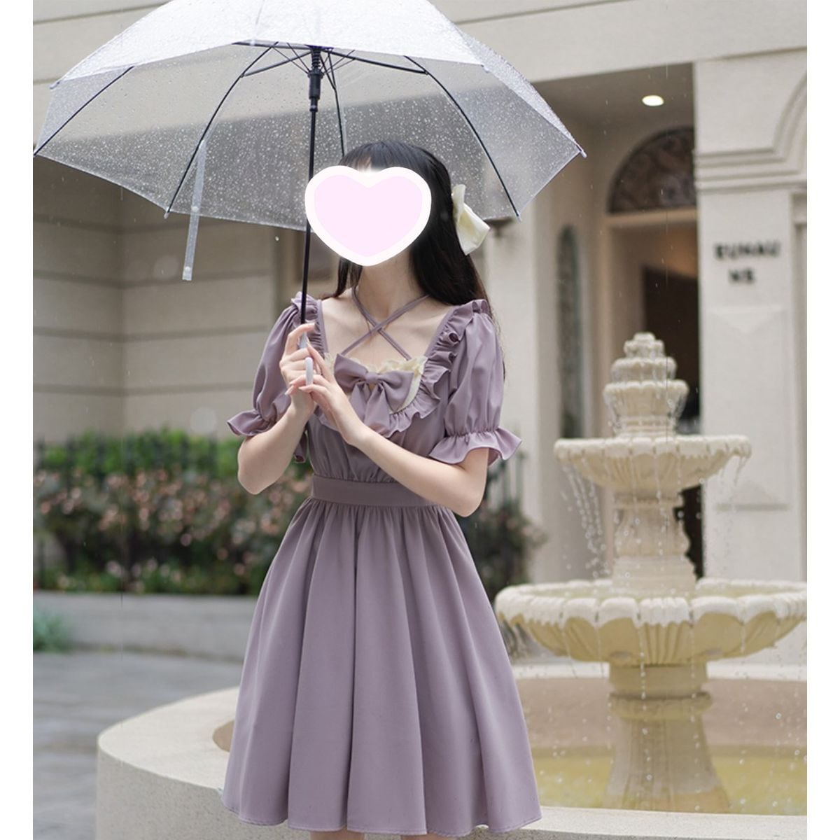 フリル襟キャンディースリーブパープル長袖ワンピース | Maiden's Rêve