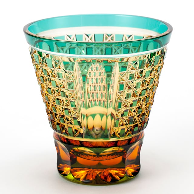 江戸切子 琥珀色クリスタルガラスロックグラス 市松模様(琥珀色緑