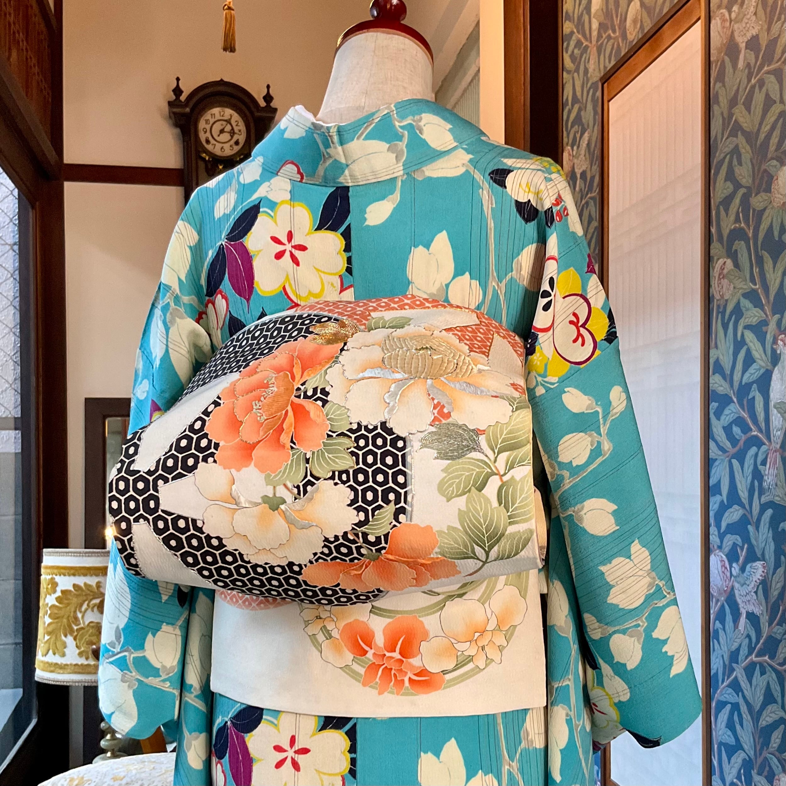 花丸と水車＊刺繍 染め帯 車輪 アンティーク昼夜帯 名古屋帯 B059