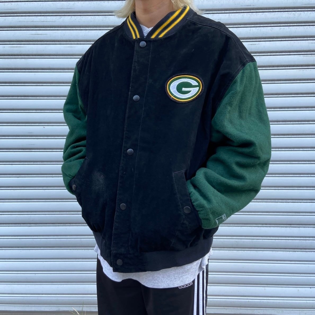 90s NFL グリーンベイ・パッカーズ レザー切り替えスタジャン ブラック