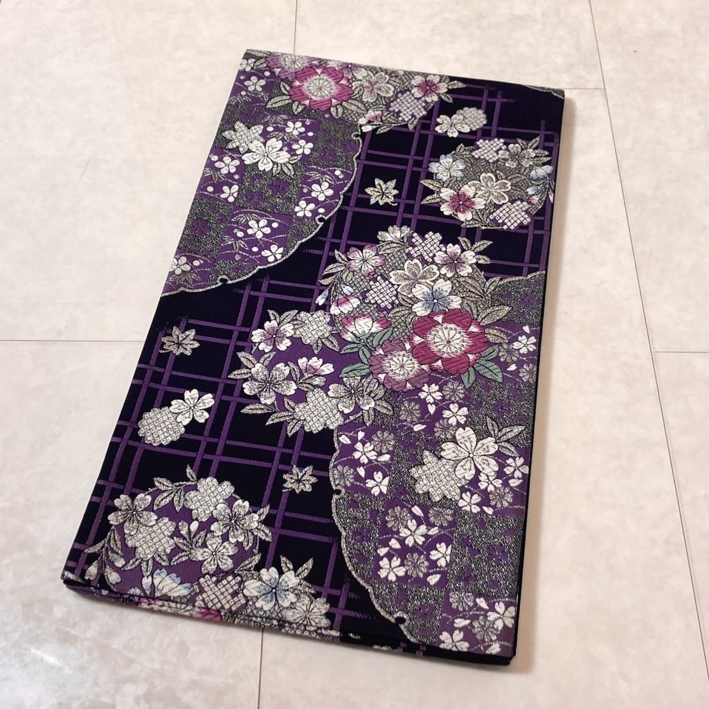 未使用 唐織り桜 雪輪 袋帯 正絹 銀糸 振袖 黒 紫 白 624 | kimono Re