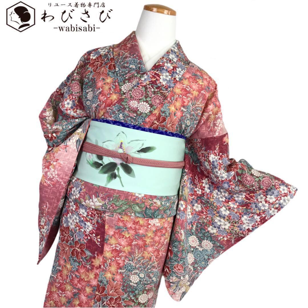 付下げ 飛び柄花柄模様 叩き染 青碧色 トールサイズ K-3226