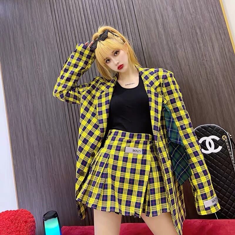 2カラー・セットアップ】チェック スーツ ツーピース 黄色 グリーン