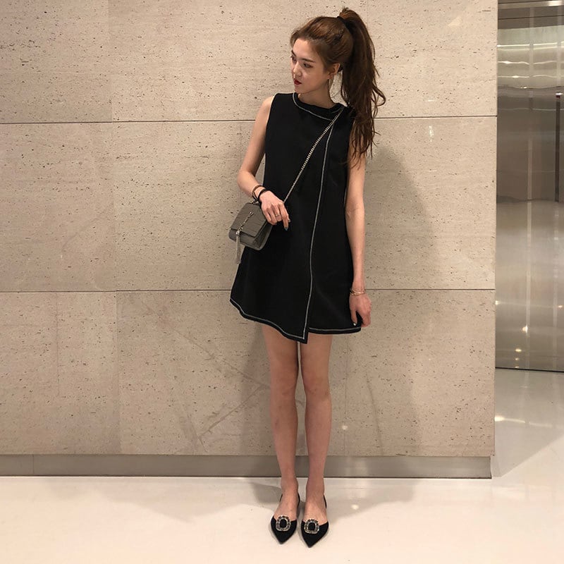 クルーネック ノースリーブ ミニ丈 ワンピース Aライン ステッチ