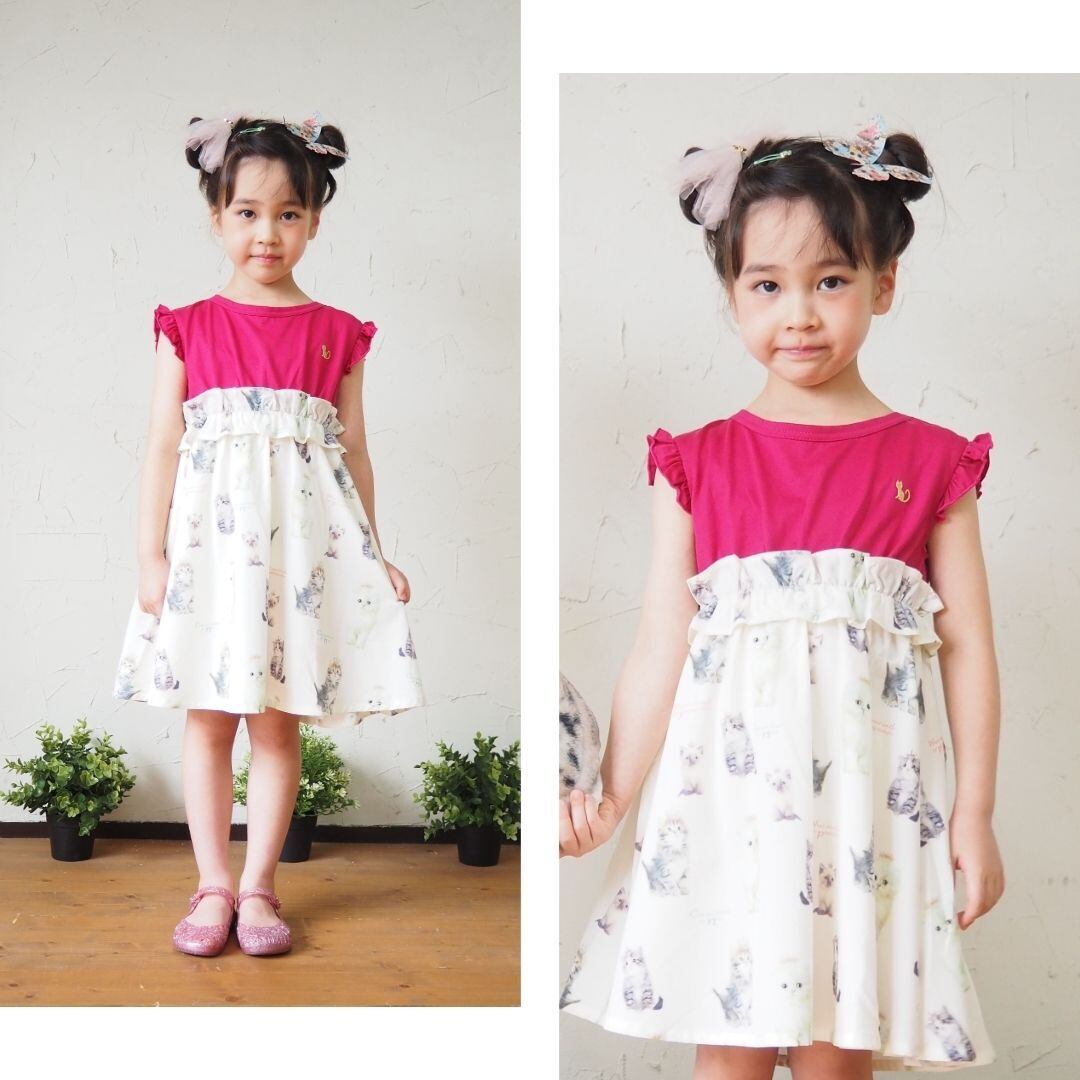 ティアラCATワンピース】リボン nino フリル 猫 ねこ ねこ柄 ピンク