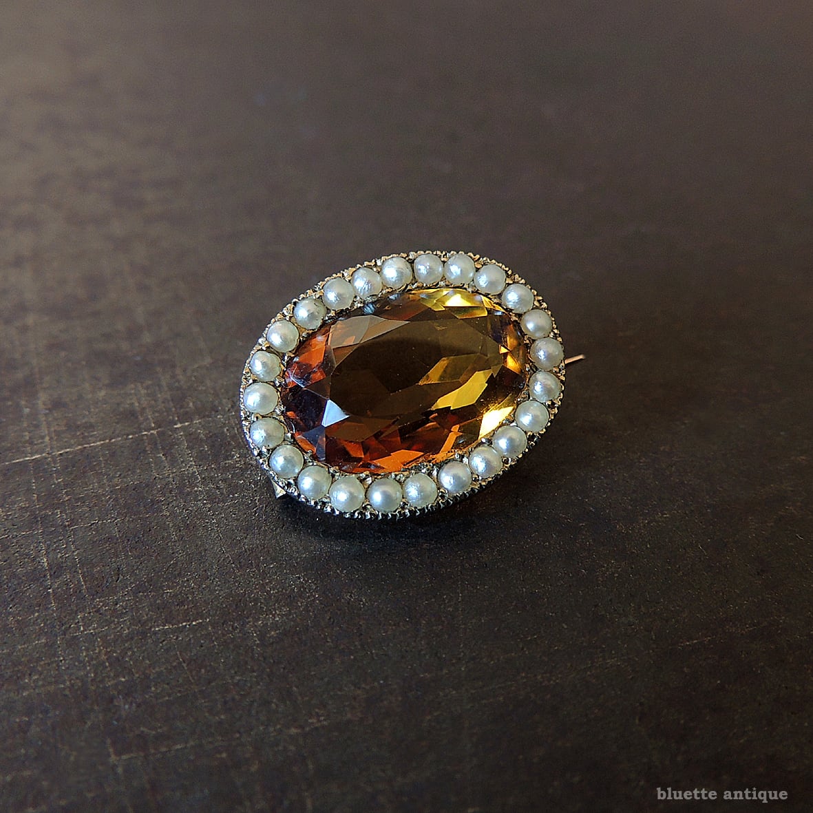 アンティークジュエリー 9ctゴールド 天然シトリン 真珠 レースピン