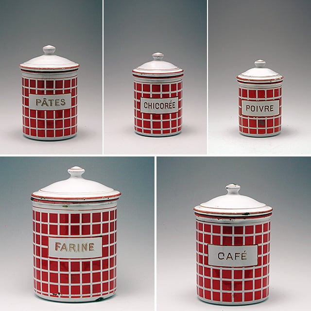 フランス アンティーク ホーロー キャニスター BB社 赤ダミエ柄 5個